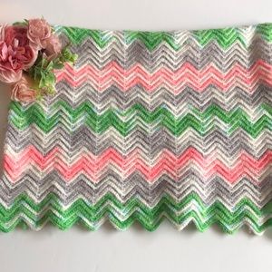 Pink green white gray chevron Baby Blanket Handmade Vintage 1970s Knit Blanket
